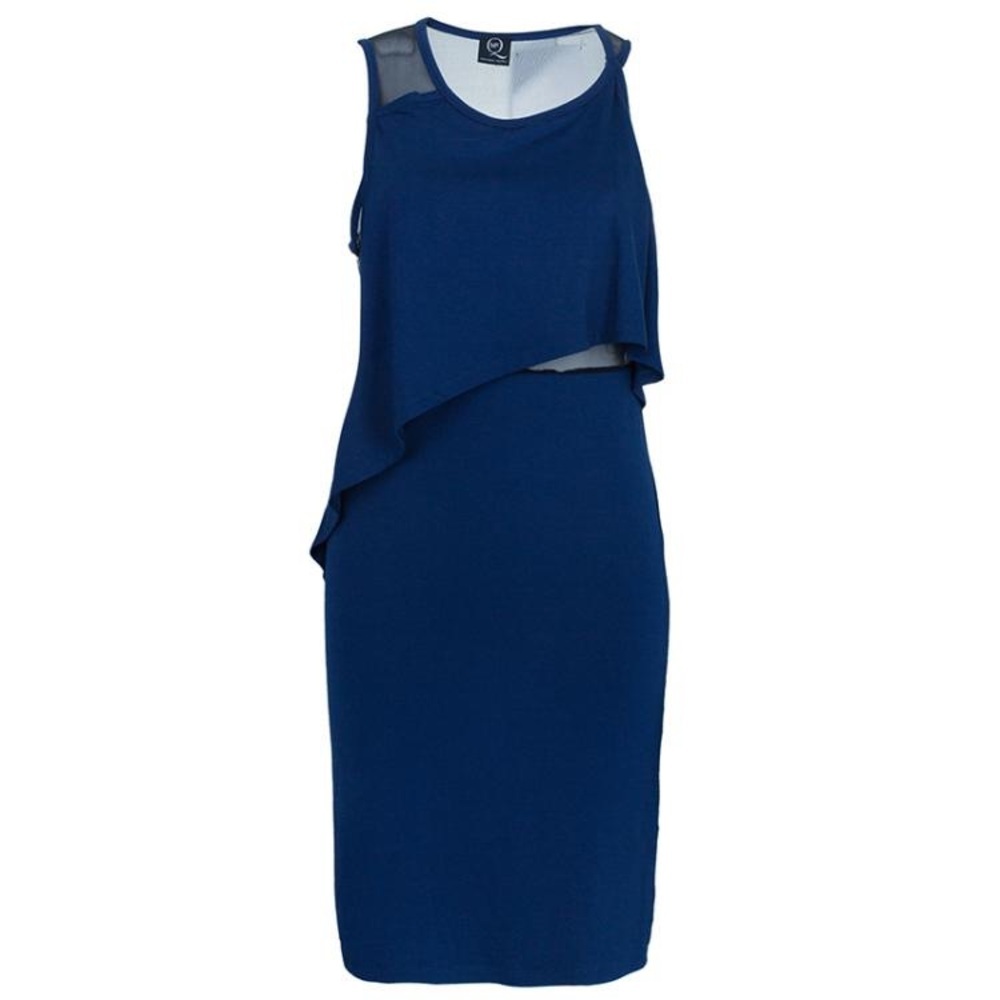 McQ By Alexander McQueen Mesh Inset Asymmetrical Dress in Navy Blue and Black